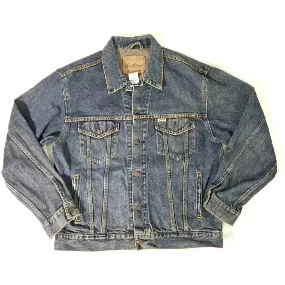 Levi Strauss Signature Dark Wash Trucker Denim Jean Button Jacket Men L Levis